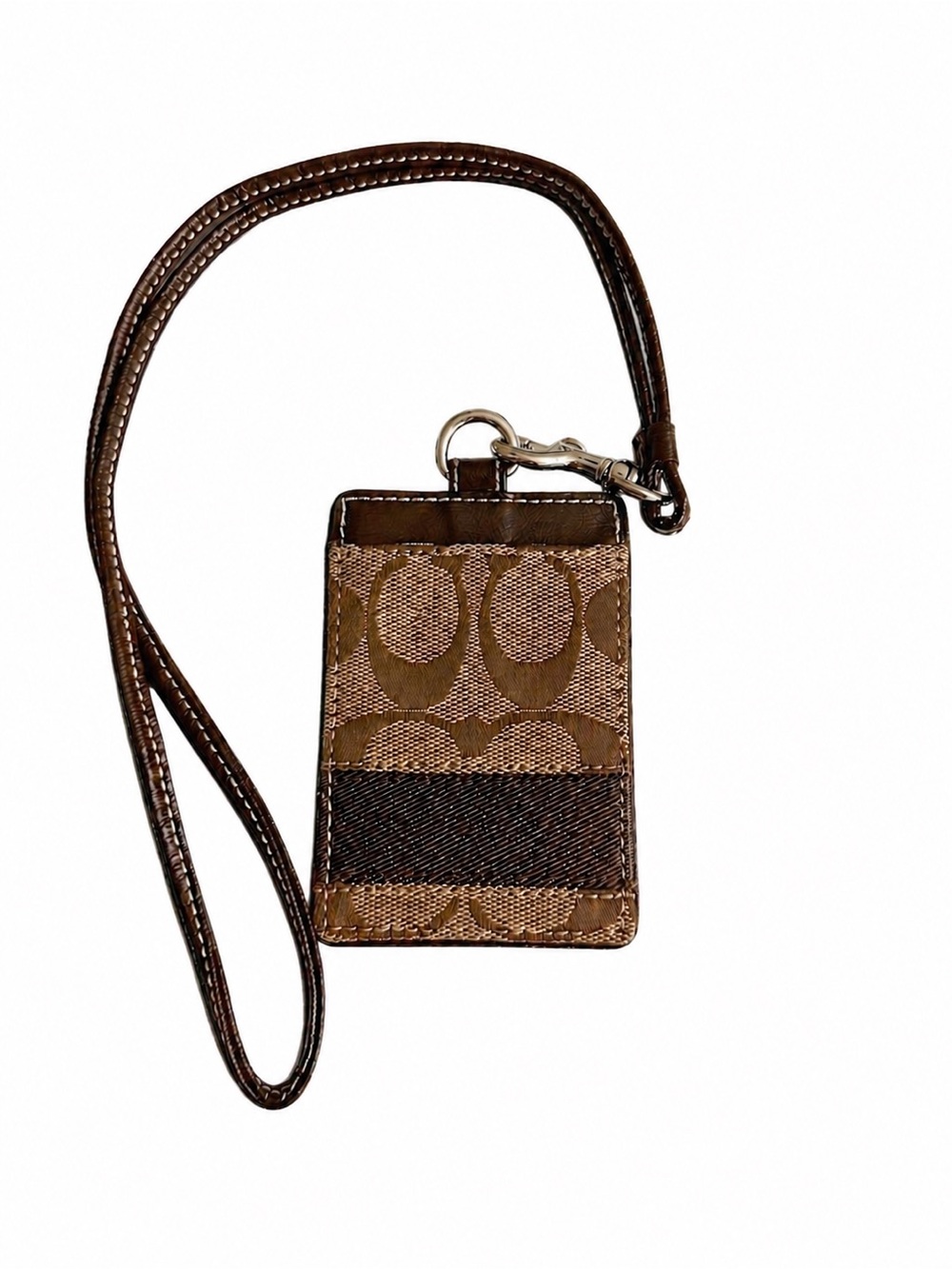 Coach Brown Signature ID Lanyard with Dark Brown Stripe